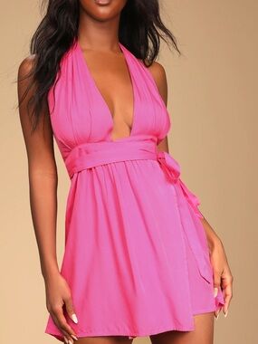 Lulu's Bright Pink Halter Wrap Mini Dress